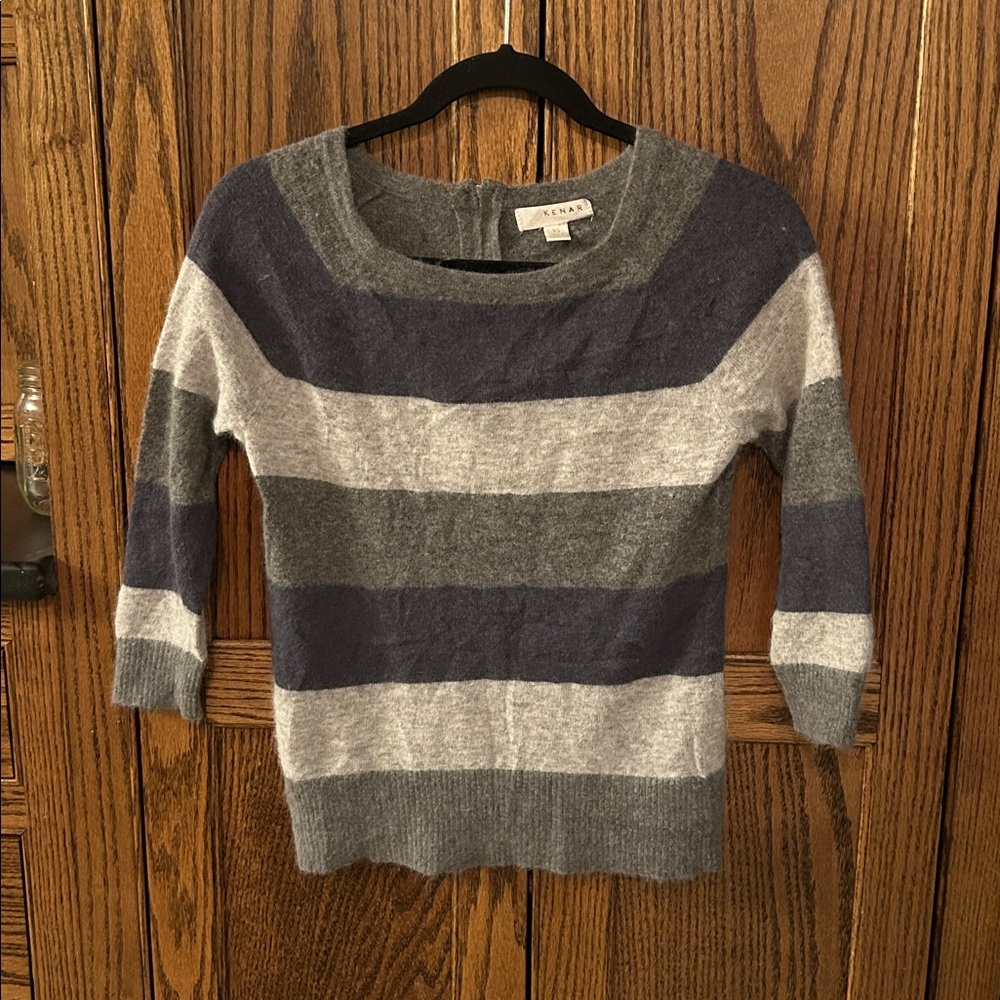 Kenar‎ Striped Blue Gray Angora rabbit Hair Sweater Soft 3/4 sleeve XS
